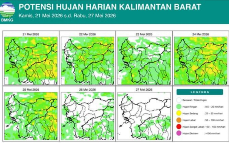 BMKG Kalbar Peringatkan Hujan Lebat dan Potensi Karhutla di Sejumlah Wilayah Hingga 27 Mei 2026