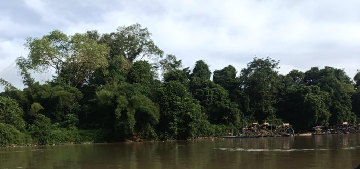 Aktivitas sejumlah rakit mesin pekerja tambang yang diduga digunakan untuk Penambangan Emas Tanpa Izin (PETI) terlihat di aliran Sungai Sekadau, kawasan Seringat, Desa Nanga Mentetap.
